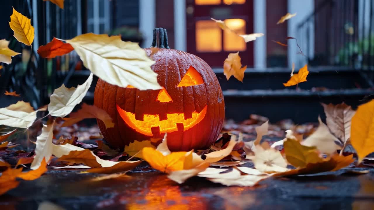 Halloween Pumpkin Surrounded by Autumn Leaves