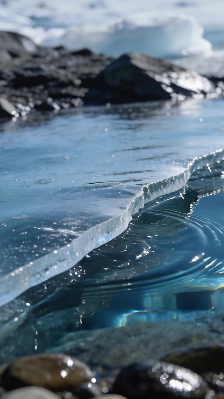 Video verticale: Ghiaccio increspato e acqua blu che creano onde da piccole increspature a riva, con ciottoli.