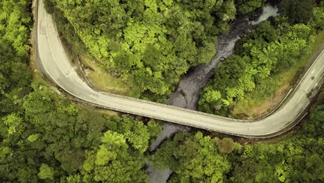 aerial view of the forgotten world highway in the jungle in new zealand