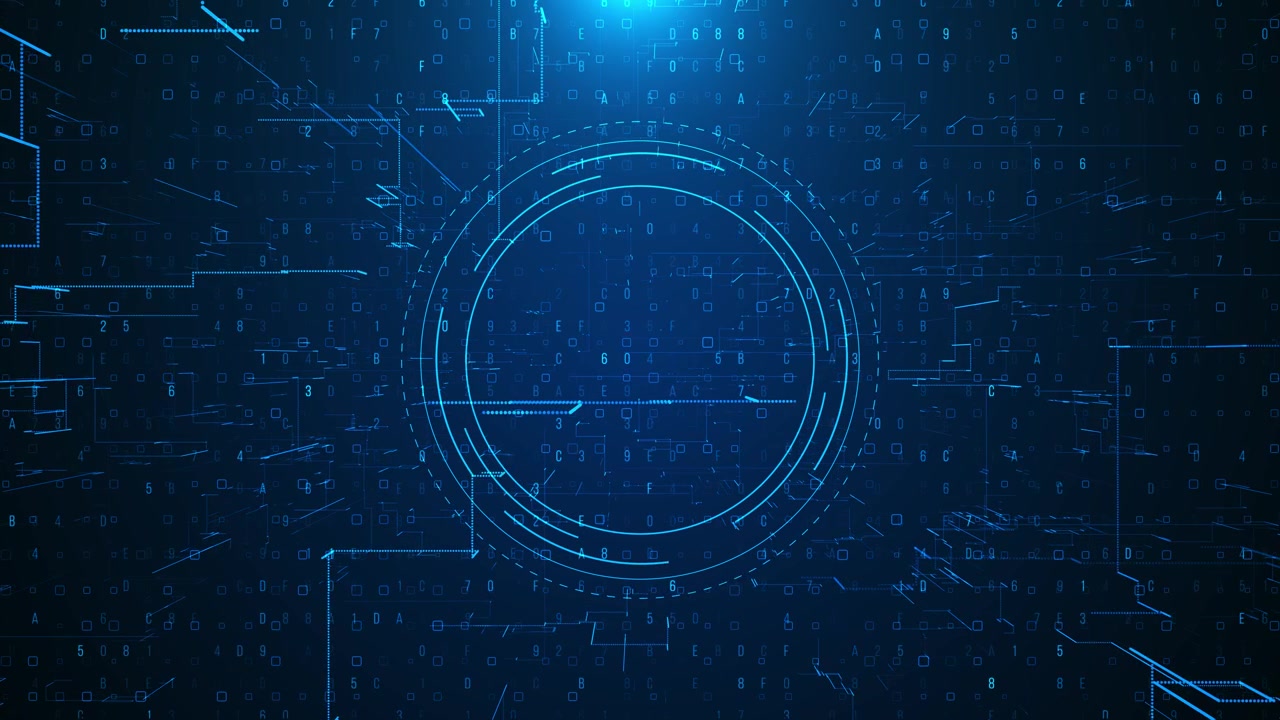 Blue digital data ring interface circular hud lines floating numbers letters squares dark tech grid