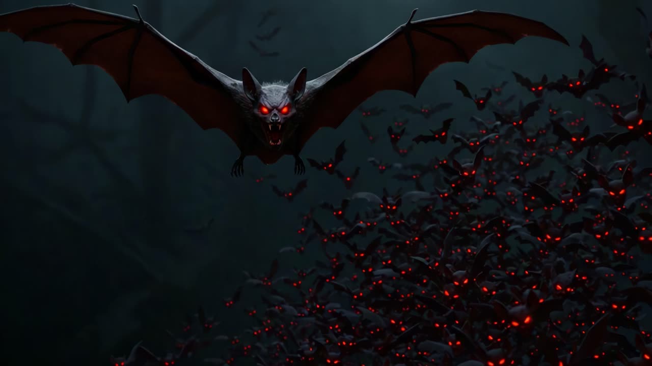 A Haunting Flight: A Menacing Bat with Glowing Eyes Leads a Dark Flock Through the Shadows of an Enigmatic Night Landscape Filled with Eerie Beasts