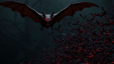 a haunting flight: a menacing bat with glowing eyes leads a dark flock through the shadows of an enigmatic night landscape filled with eerie beasts