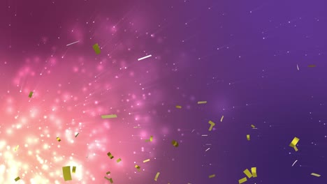 animation of gold confetti falling over glowing light particles on purple background