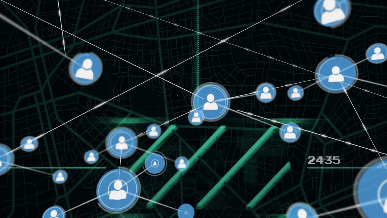 Connected user icons with data points over digital map in animation background