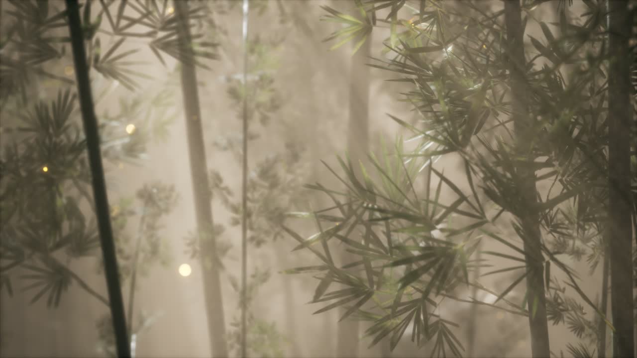 bosque de bambú asiático con tiempo de niebla matutina