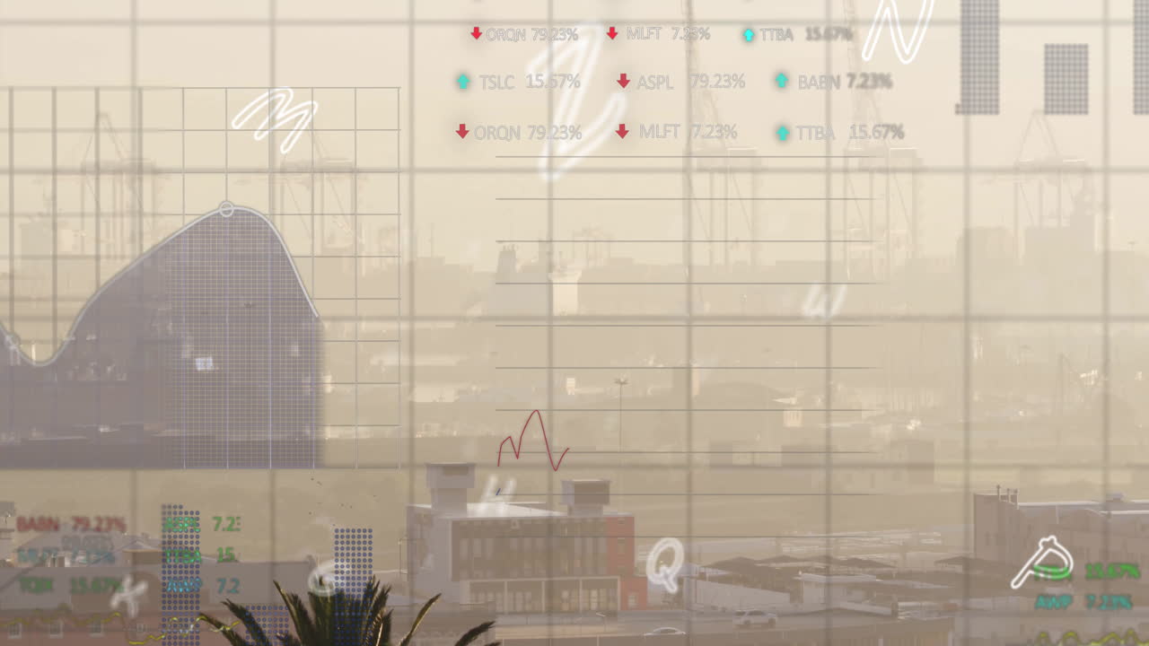 도시 풍경 위의 금융 데이터 처리 애니메이션