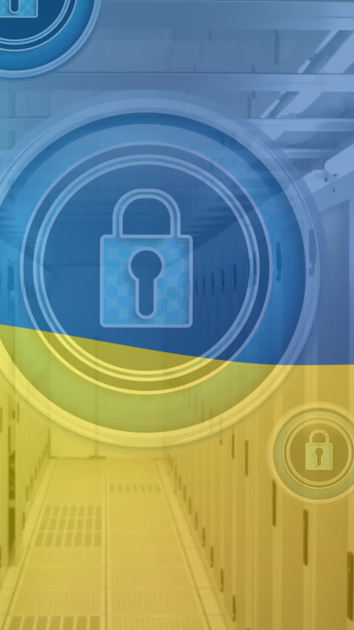 animación de candados digitales en círculos flotando sobre servidores y bandera de ucrania