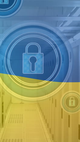 анимация цифровых замков в кругах, плавающих над серверами и флагом украины
