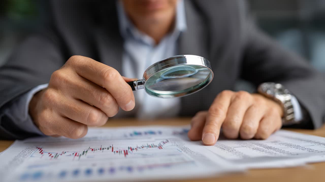Analyzing Financial Data: A Close Examination Using a Magnifying Glass to Uncover Insights from Charts and Graphs in a Professional Business Environment
