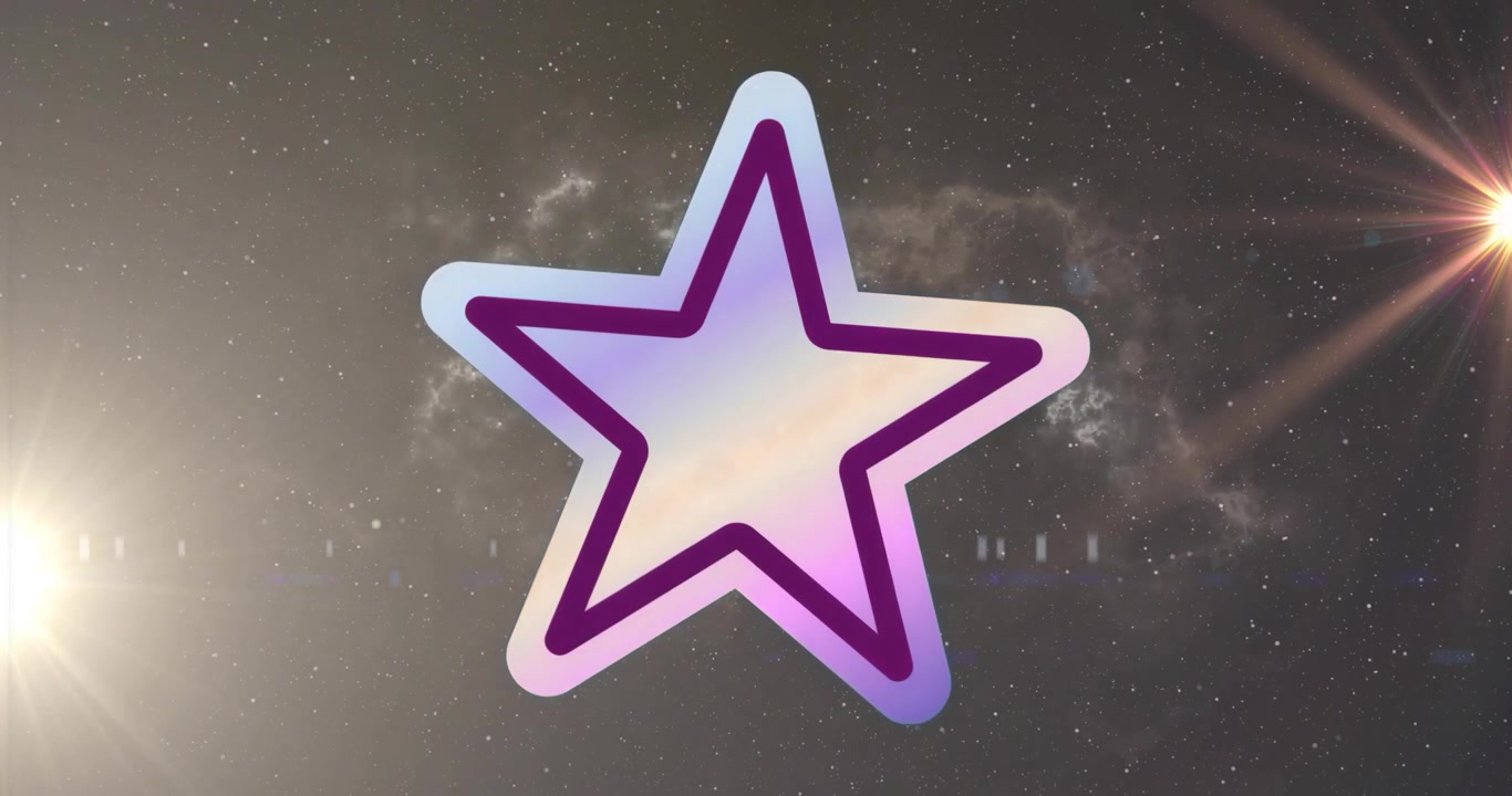 Al inicio, un icono de estrella pulsa un gradiente entre morado pastel y morado oscuro, mostrando una animación del espacio exterior.