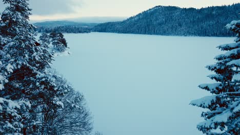 Winter-Landscape-With-Snow-Covered-Cabins-And-Trees-In-Norway---Aerial-Pullback