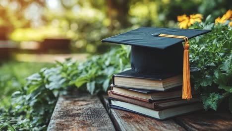 graduation cap on books