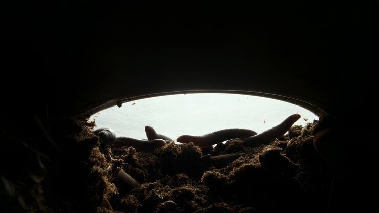 Several earthworms slowly wriggle over moist-looking soil and organic debris beneath a bright oval opening, seen from a low underground perspective with strong backlighting.