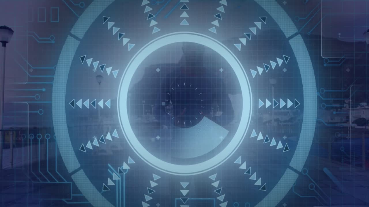 animación del procesamiento de datos sobre el hombre corriendo, haciendo ejercicio al aire libre.