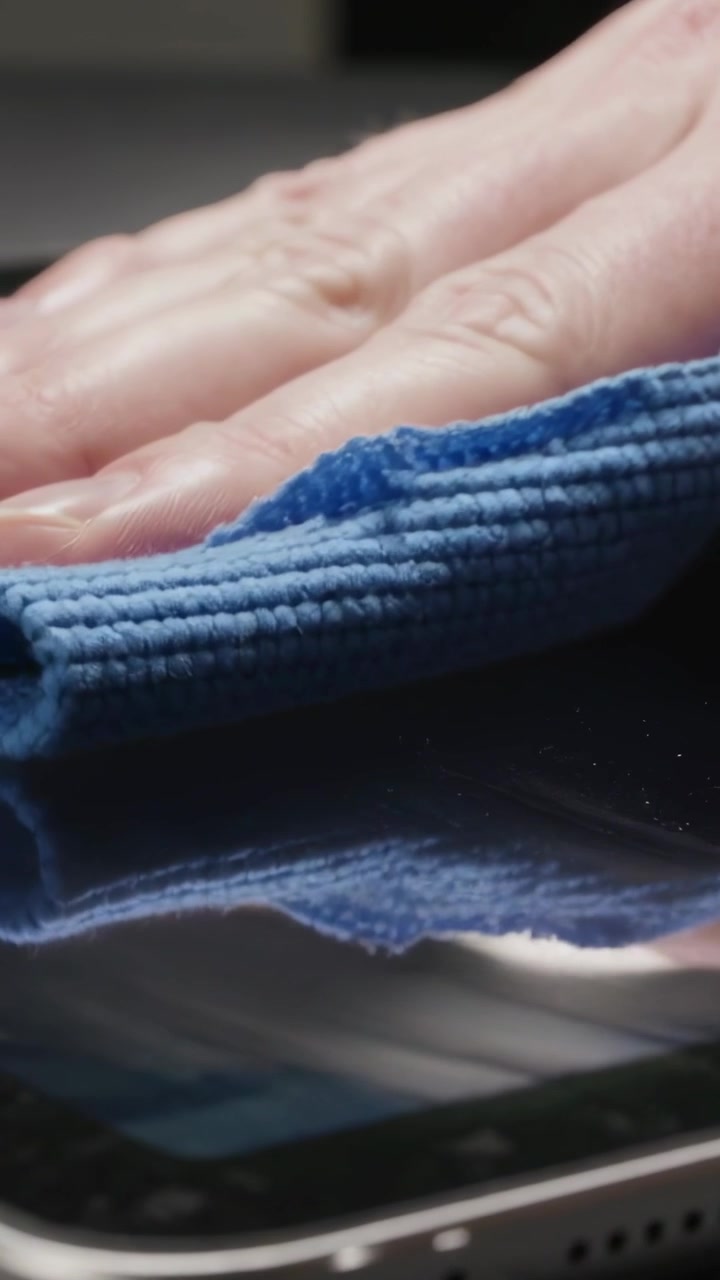Vertical video: Right hand pressing sliding folded blue cloth on glossy surface, cleaning device