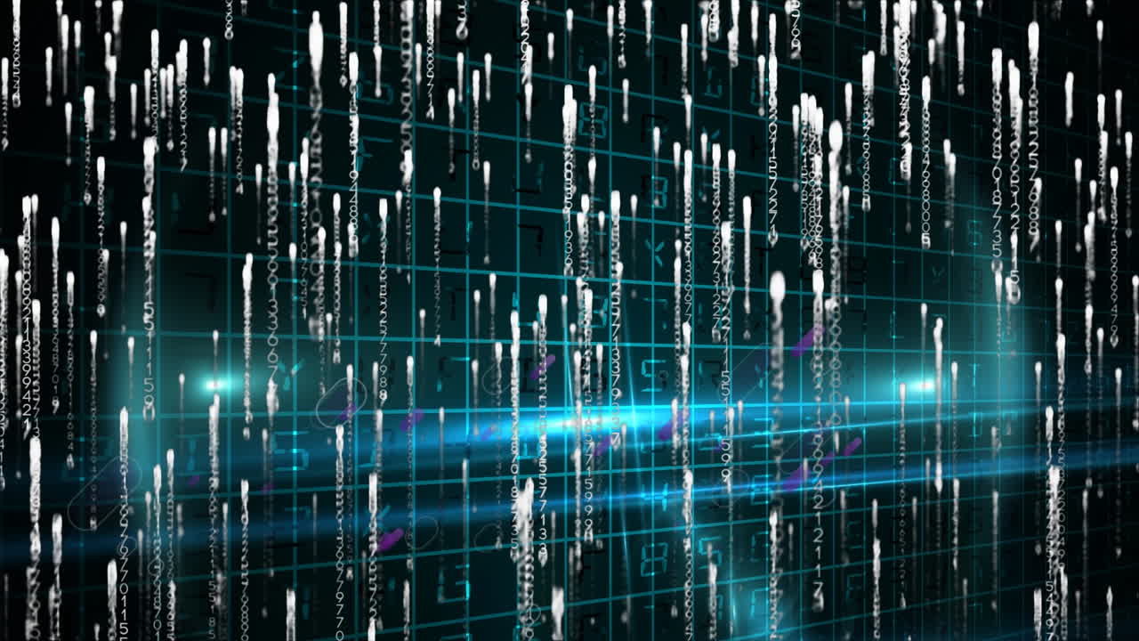 Animation of data processing over purple lines on black background