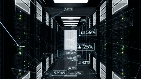 abstract financial information in network connections flowing in datacenter. looped 3d animation of server racks. business and futuristic technology concept.