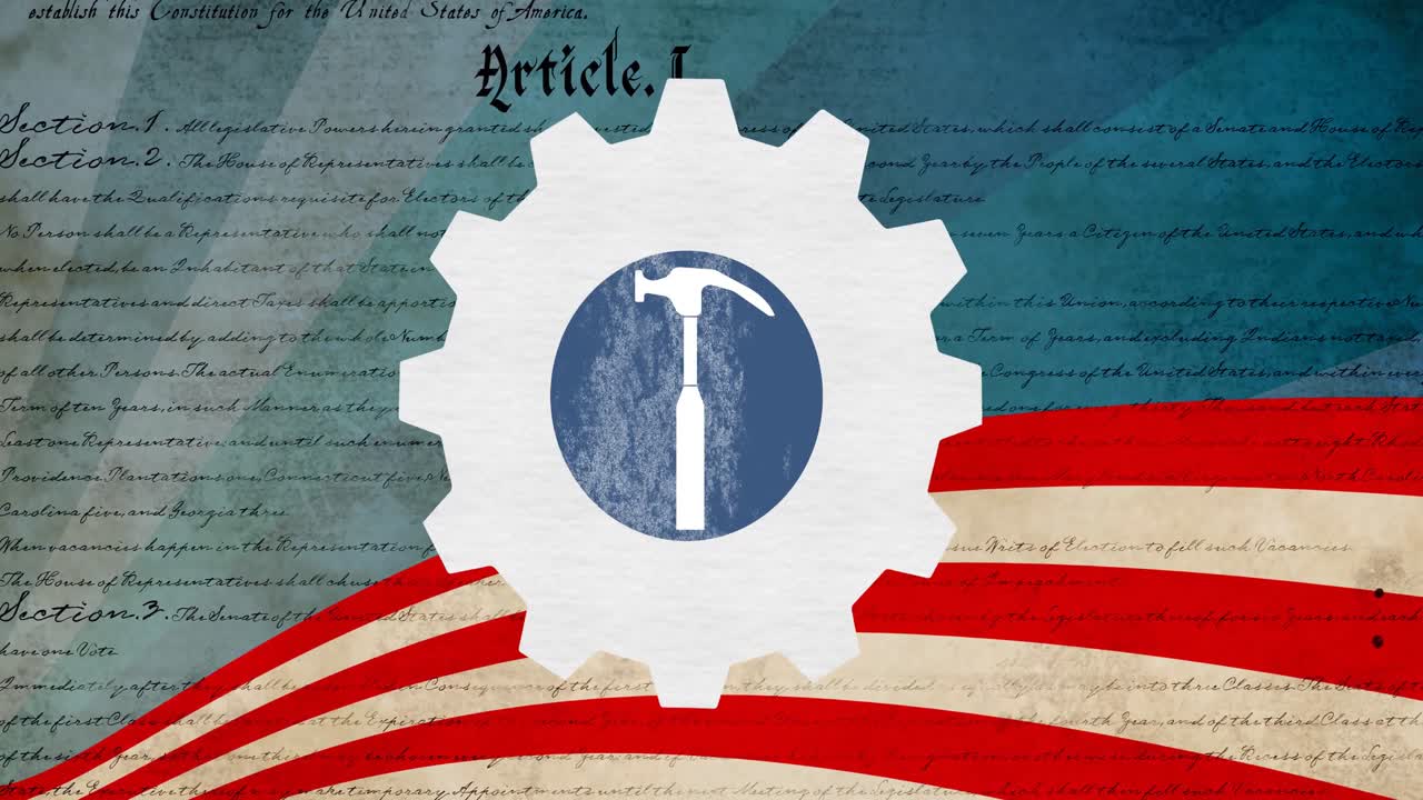 Animation of labor day hammer over cog, constitution text and american flag