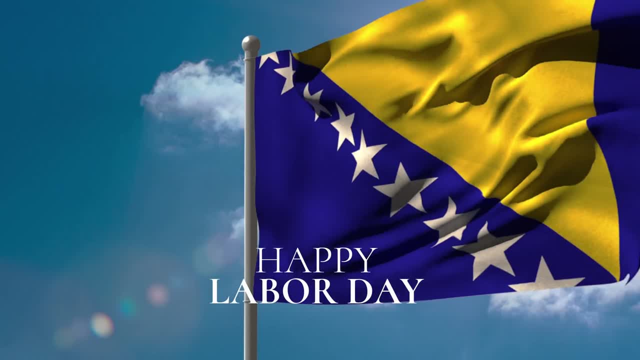 보스니아 헤르체고비나의  ⁇ 발과 구름 위에 행복한 노동자의 날 텍스트의 애니메이션