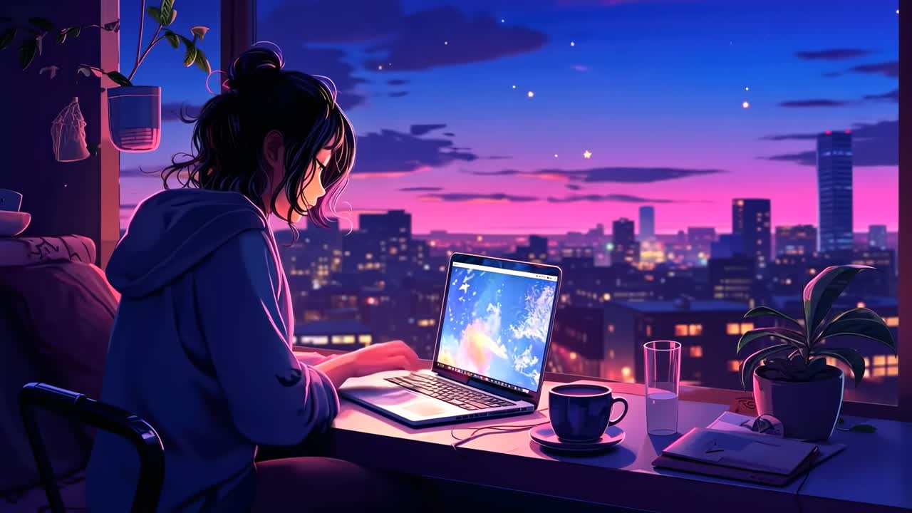 Una donna in una stanza accogliente lavora al laptop al tramonto, con il paesaggio urbano visibile attraverso la finestra