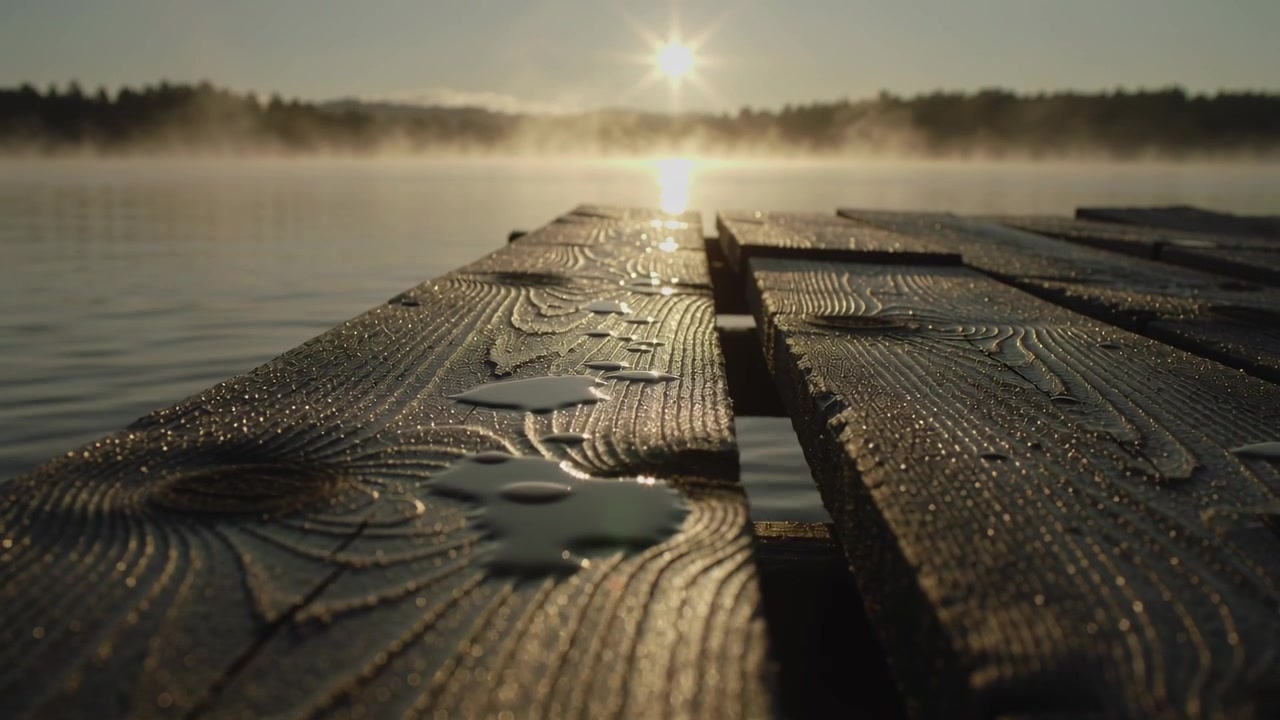 Gliding camera revealing weathered dock planks at dawn, sun rising sending reflection, dew and mist