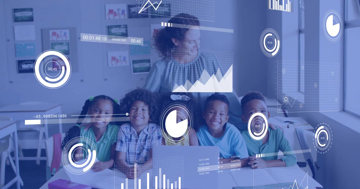Animation of charts processing data over diverse female teacher and schoolchildren in classroom