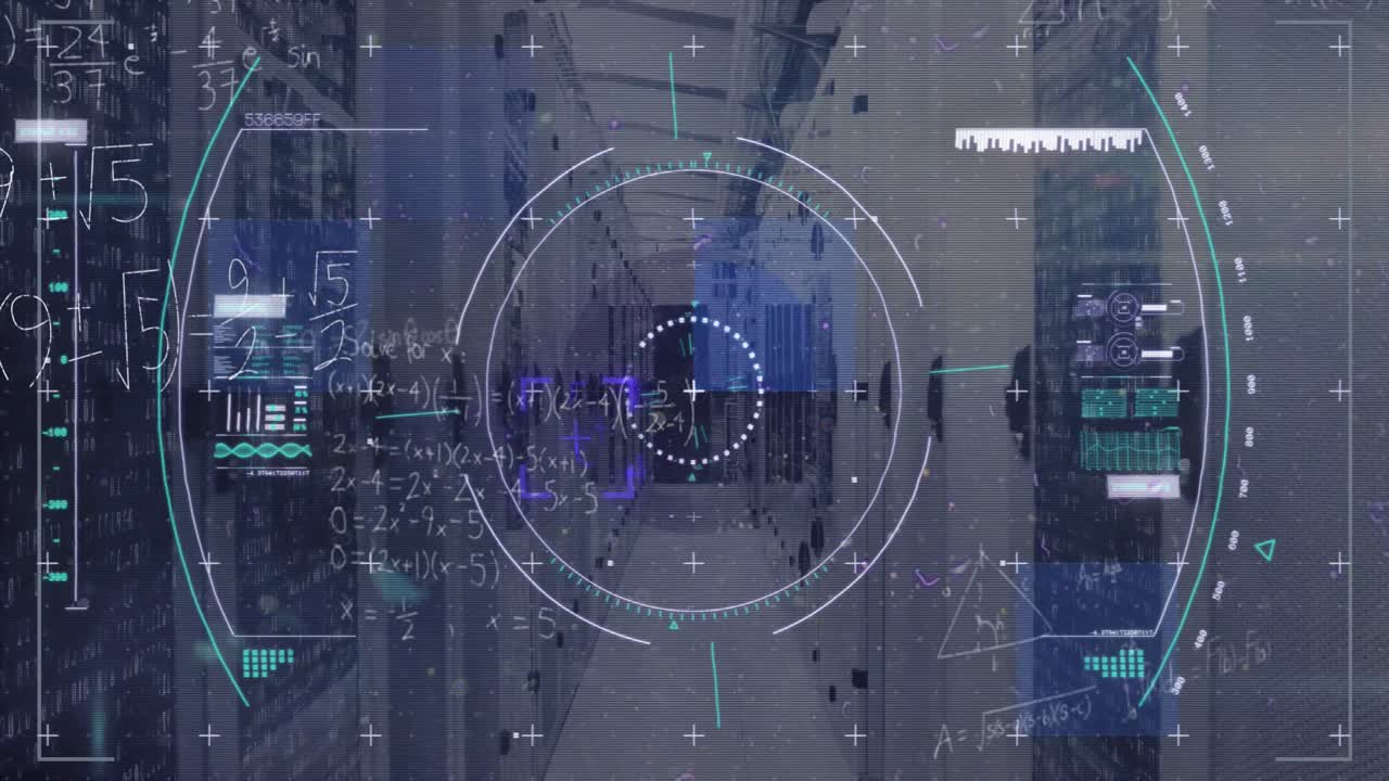 Animación de visor y fórmulas matemáticas sobre servidores.