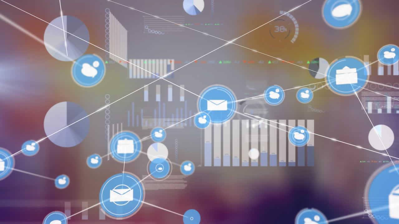 파란색 배경에 데이터 처리를 하는 스크린 위의 디지털 아이콘 네트워크의 애니메이션