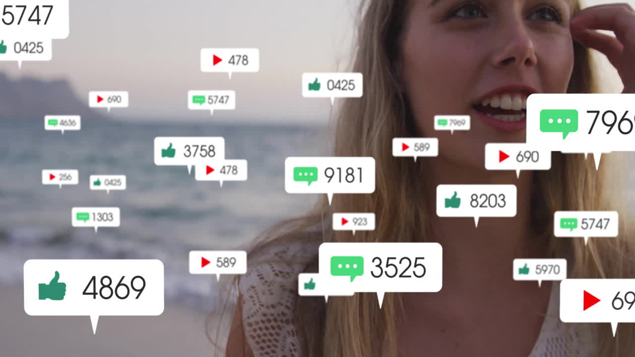 해변에 서 있는 여성, 소셜 미디어 참여 애니메이션