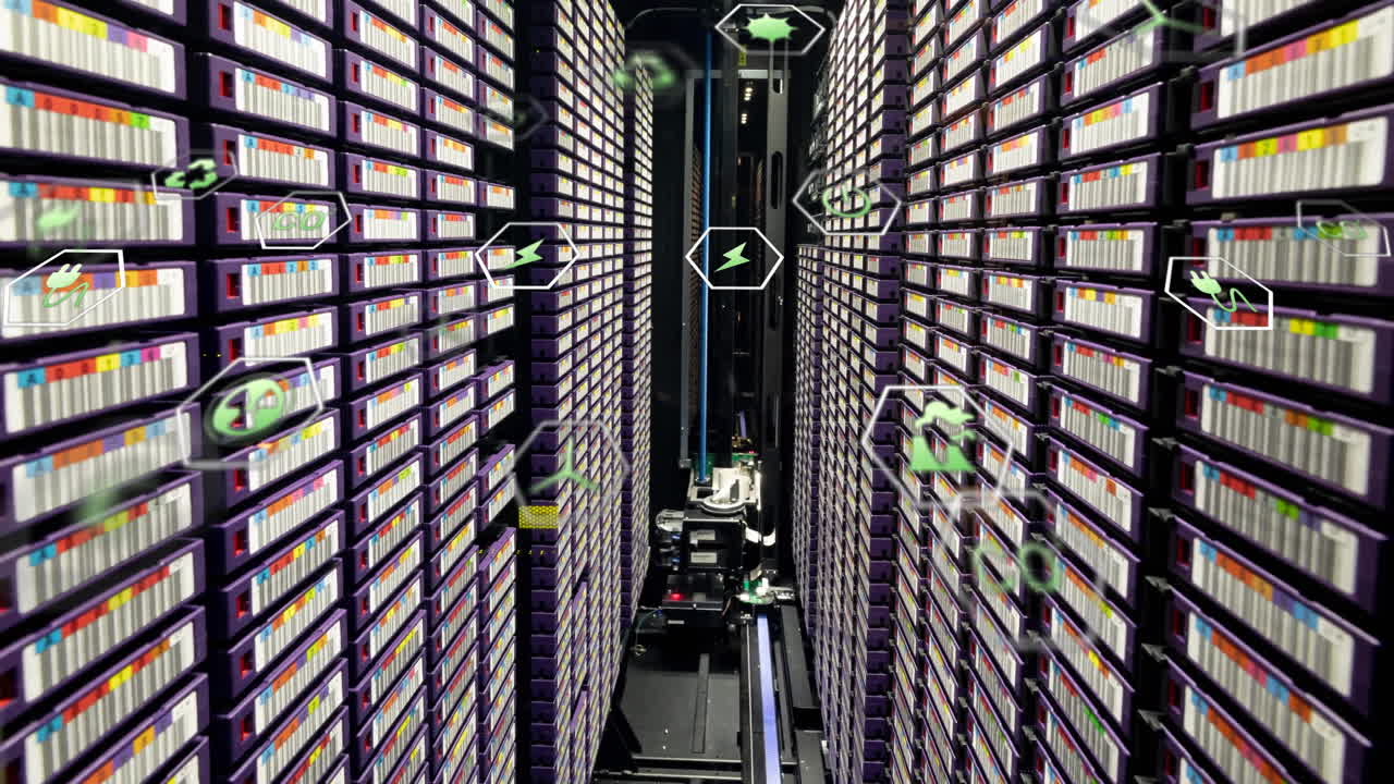 Animation of eco icons and data processing over computer servers