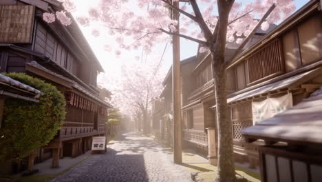 serene cherry blossom lined street in traditional japanese town