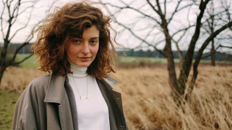 a woman with curly hair stands in a field, wearing a coat. the video captures her from a medium