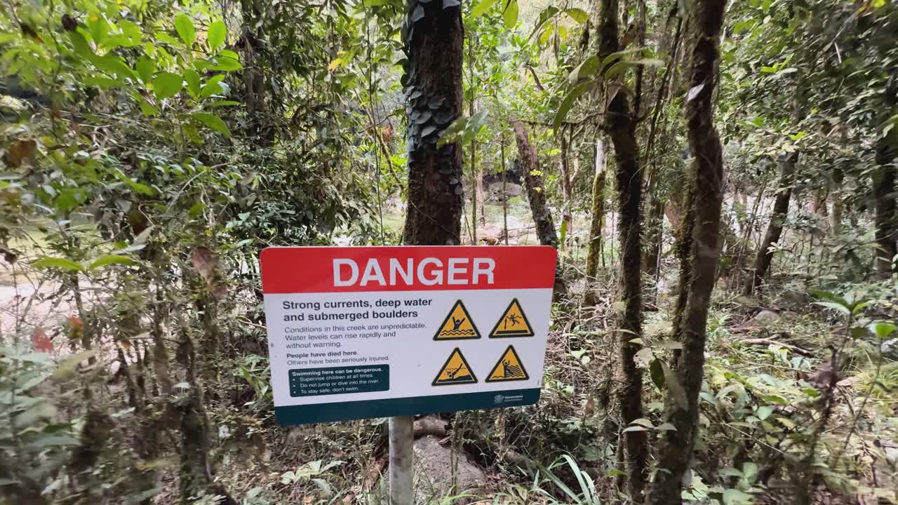 A serene rainforest path leads to a river, highlighted by a prominent danger sign warning of strong currents