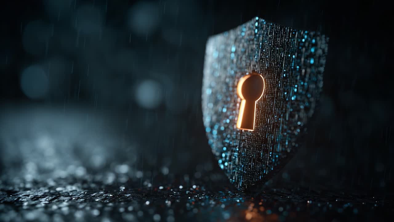 A Stunning Visual of a High-Tech Shield Symbolizing Security and Protection, Enhanced by Raindrops and a Glowing Keyhole at Its Center, Illustrating Modern Safeguarding Concepts