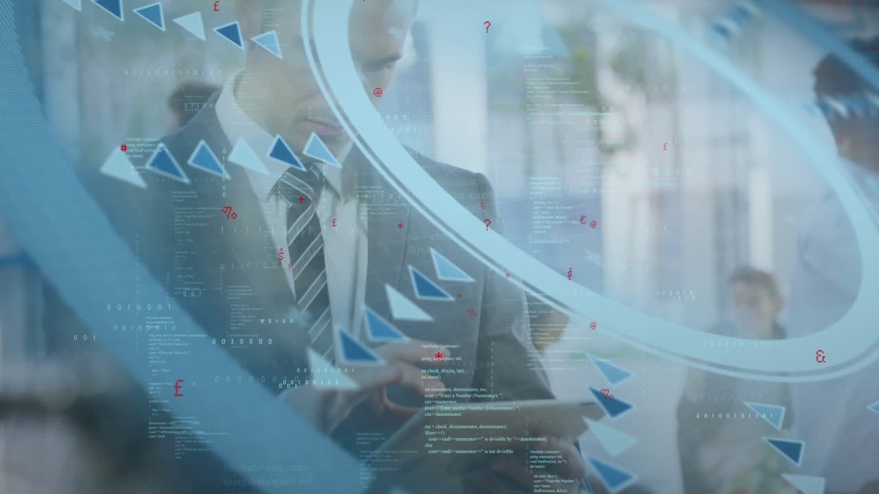 Businessman tapping tablet showing rings and code sweeping across business lobby obscuring activity