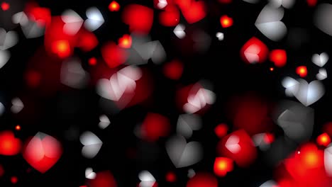 abstract brillantes corazones rojos y blancos partículas se desvanecen en bokeh flotando en la animación de bucle de fondo de pantalla negra. bucle 4k 3d. efecto de fondo de amor para el día de la madre, el matrimonio, el día de san valentín, la boda.