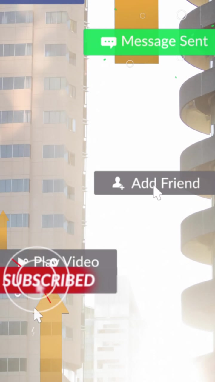 Animation af faldende sociale medier-ikoner og pile over bybillede