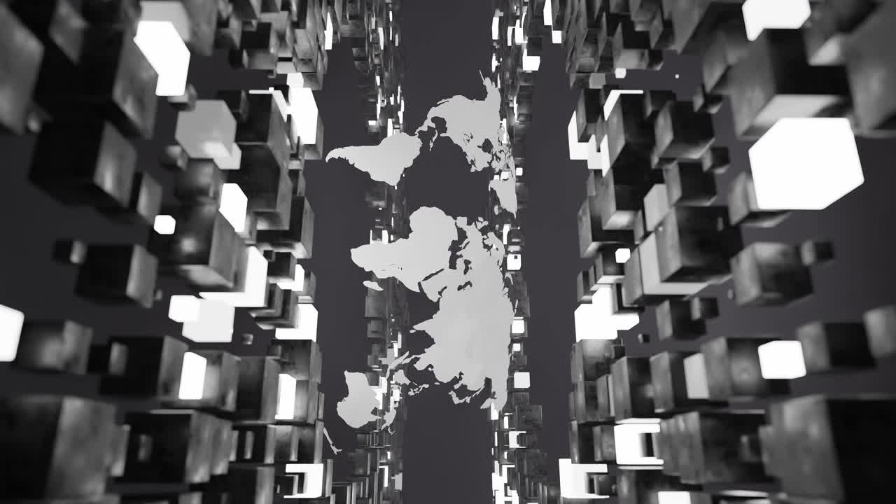 Digital world map surrounded by floating white 3D cubes in virtual space. Futuristic abstract illustration. Global data network and technology concept, poster, header. vertical