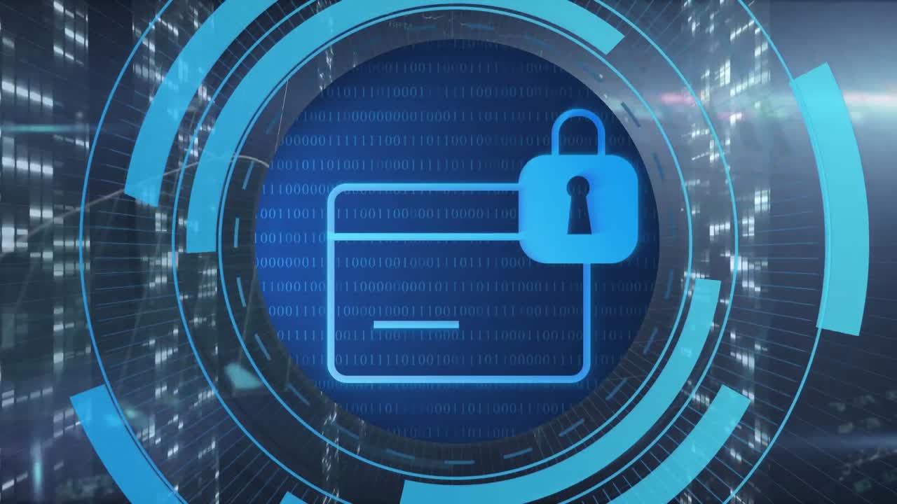 animación de una tarjeta con candado digital en círculos sobre los servidores.
