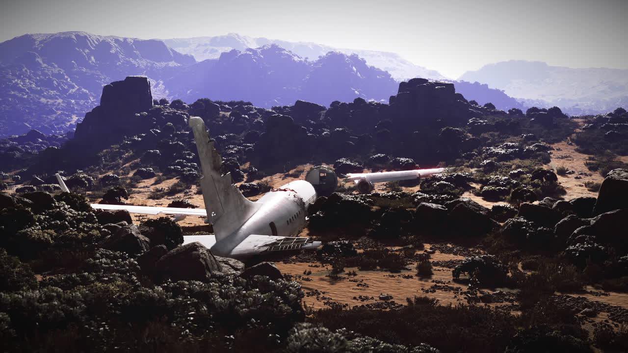 Plane crash site in rugged terrain showcasing wreckage amidst rocky landscape