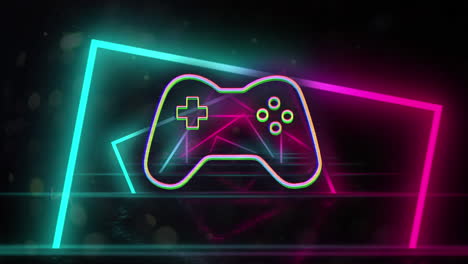 Animation of glitched gaming console over looping rectangle forming tunnel against black background