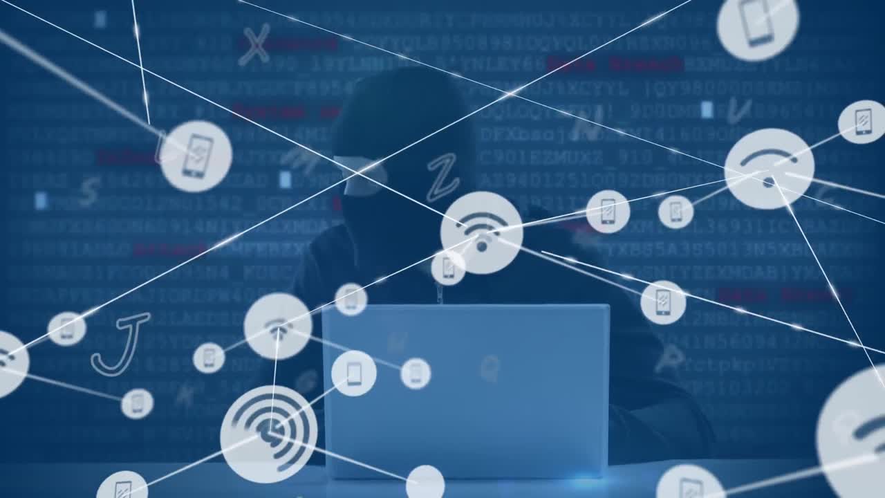 Animation of network of connections over hacker using computer