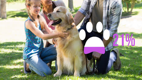 animation of paw icon with percentage over happy caucasian family with dog