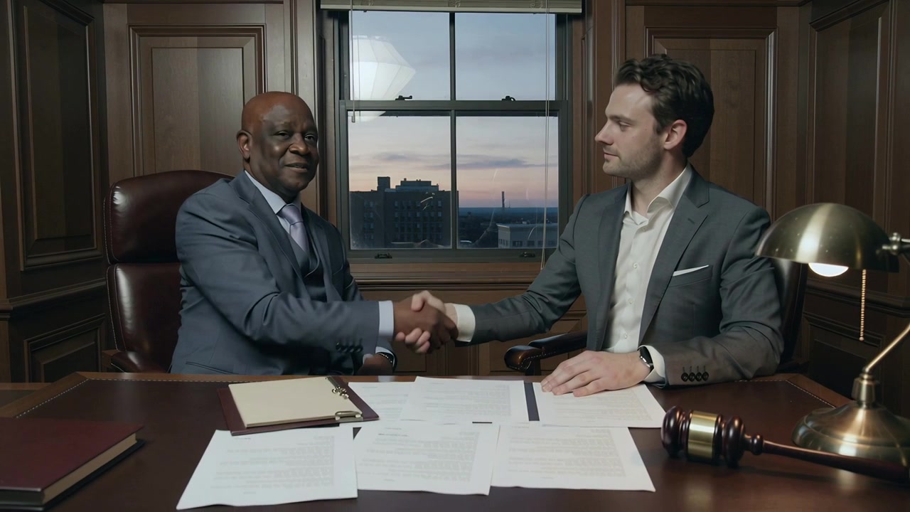 Shaking hands, two men in suits sealing agreement at office desk at dusk, with gavel papers