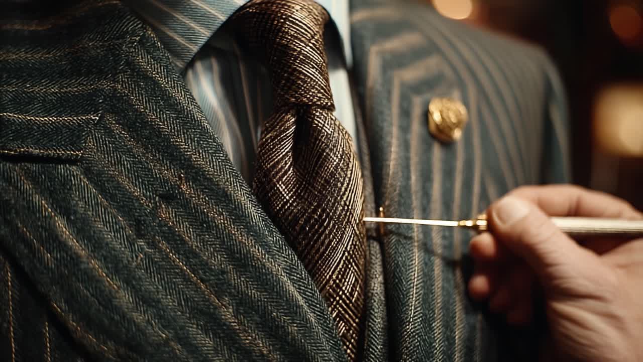 A Tailor's Expertise: Fine Detailing in Custom Suit Tailoring Showcased Through Precise Needlework and Rich Textures of Luxurious Fabric Patterns