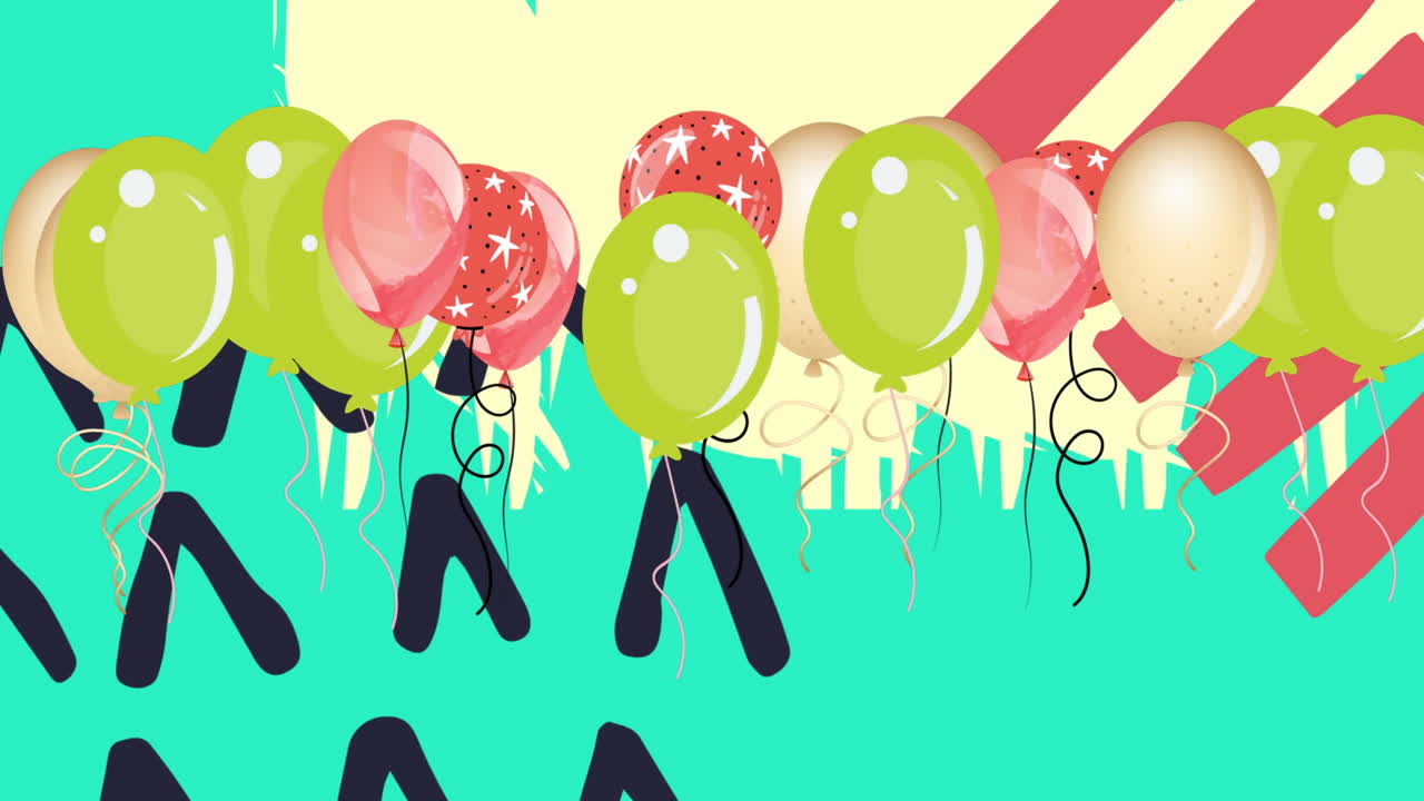 animación de globos coloridos que vuelan sobre formas geométricas sobre un fondo azul