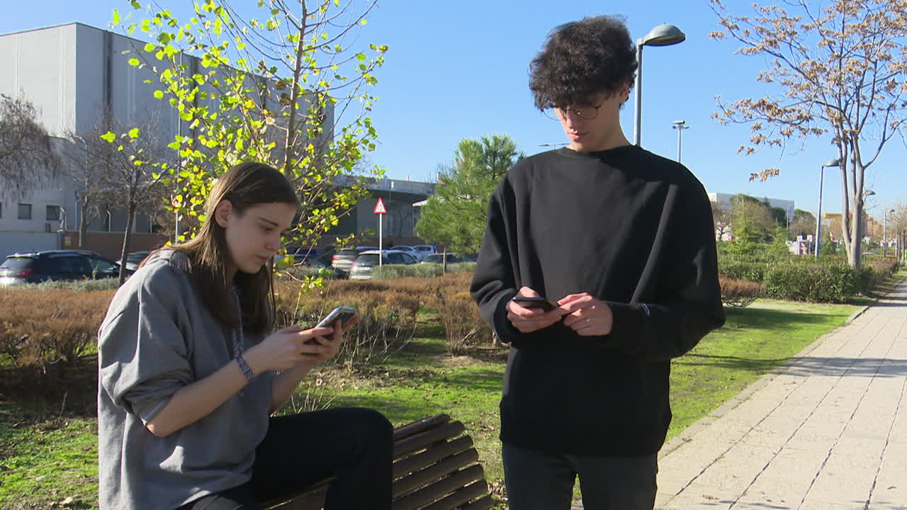 Teenagers using smartphones in a park