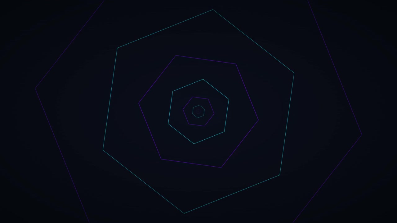 Abstract Animation of Rotating Neon Hexagons on Dark Background