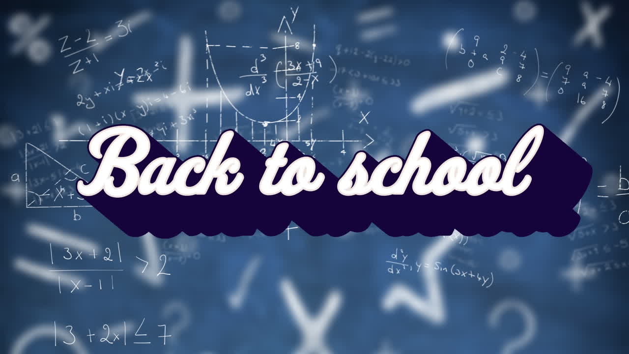 파란색 배경에 수학 방정식에 대항하여 빈티지 스타일의 학교 텍스트로 돌아갑니다.