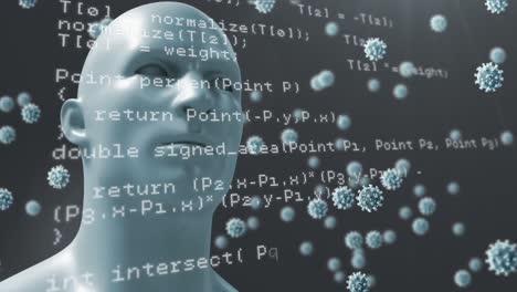 video compuesto digital de células de covid-19 que se mueven contra el procesamiento de datos sobre un modelo de cabeza humana en 3d
